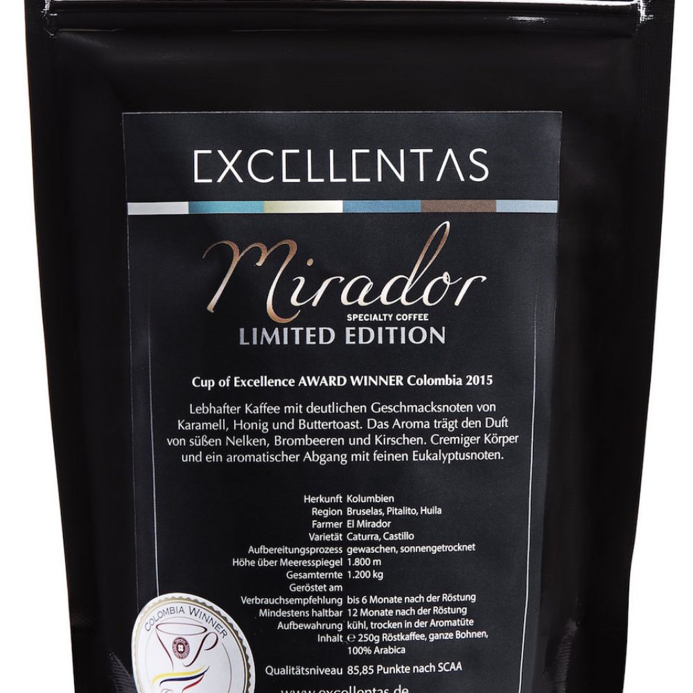 Exzellenter Kaffee MIRADOR limited edition Cup of Excellence Gewinner 2015 Kolumbien