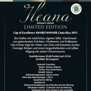 Exzellenter Bio-Kaffee ILEANA limited edition Cup of Excellence Gewinner 2015 Costa Rica
