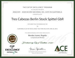Exzellenter Kaffee ESPERANZA Cup of Excellence Gewinner Guatemala, Einkaufszertifikat